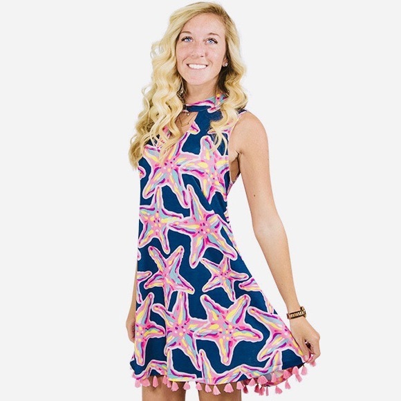 Simply Southern Starfish Print Tassel Sleeveless Swing Dress - Picture 3 of 9